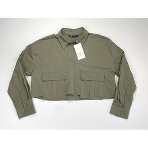 NWT Zara Green Military Collared Utility Shirt With Pockets Button Up Size XXL